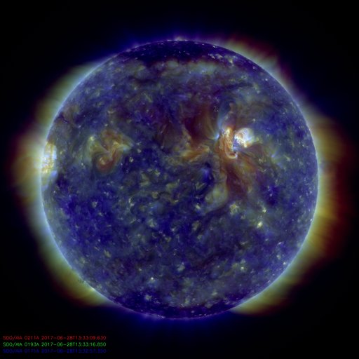  Near-Live image of the sun in combined wavelengths 211, 193, 171 angstrom, as seen by NASA's SDO.